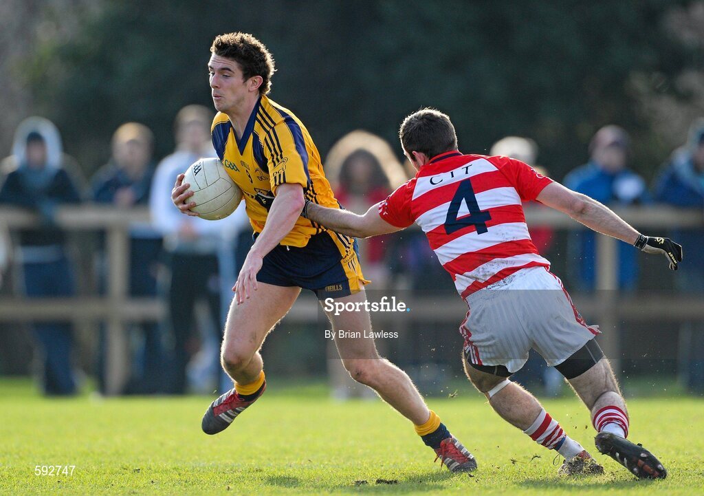 7 February 2012; Colm Begley, Dublin City University, in action against Noel Galvin, Cork Institute of Technology. Irish Daily Mail Sigerson Cup, Round 1, Dublin City University v Cork Institute of Technology, DCU Sportsgrounds, Ballymun, Dublin. Picture credit: Brian Lawless / SPORTSFILE