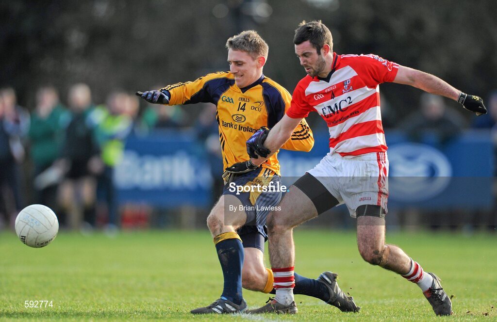 7 February 2012; Eoghan O'Gara, Dublin City University, in action against Noel Galvin, Cork Institute of Technology. Irish Daily Mail Sigerson Cup, Round 1, Dublin City University v Cork Institute of Technology, DCU Sportsgrounds, Ballymun, Dublin. Picture credit: Brian Lawless / SPORTSFILE