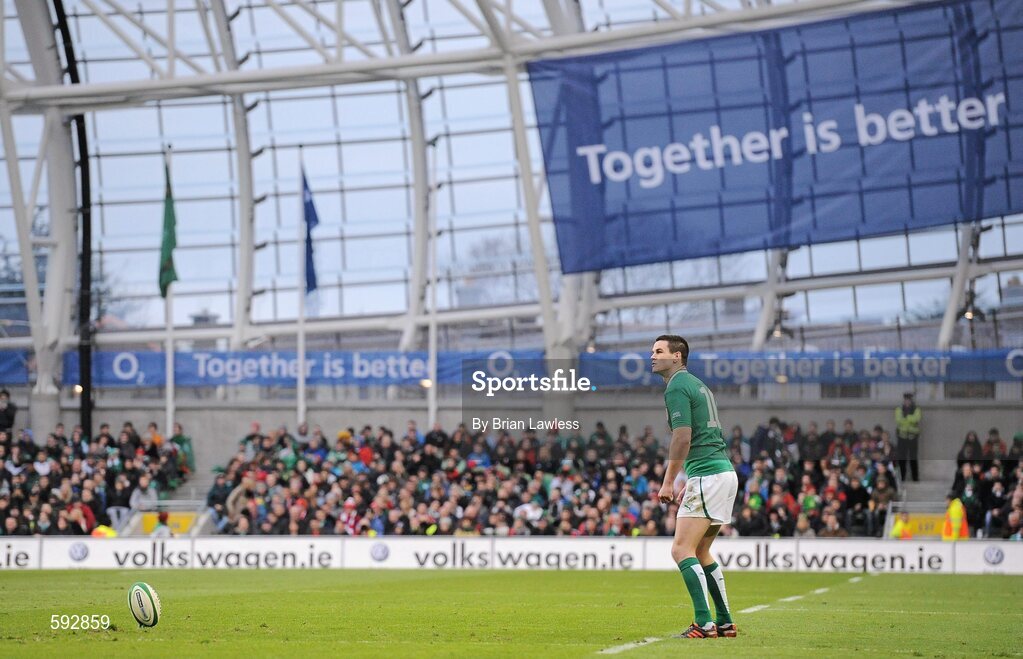 5 February 2012; Jonathan Sexton, Ireland, lines up a kick. RBS Six Nations Rugby Championship, Ireland v Wales, Aviva Stadium, Lansdowne Road, Dublin. Picture credit: Brian Lawless / SPORTSFILE