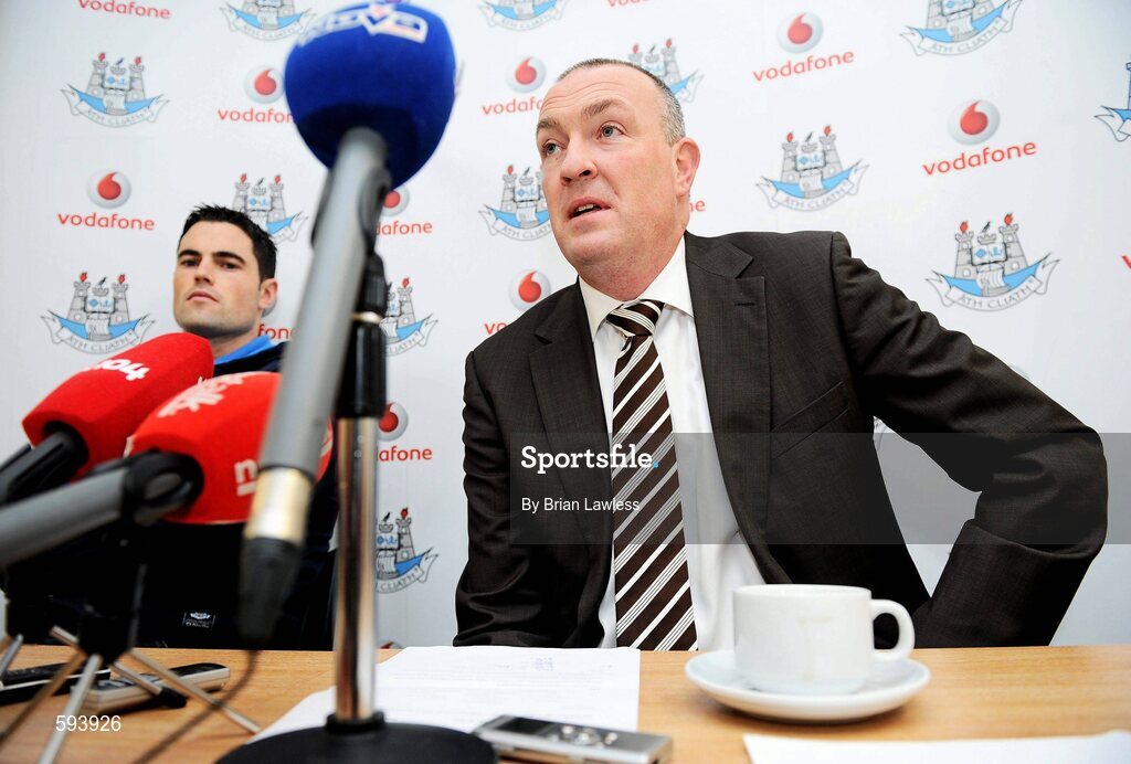 10 February 2012; Dublin manager Pat Gilroy and Ross McConnell during the Dublin Football Squad Press Conference ahead of their Allianz Football League Division 1 Round 2 match against Mayo on Saturday. St Clare's, DCU, Ballymun, Dublin. Picture credit: Brian Lawless / SPORTSFILE