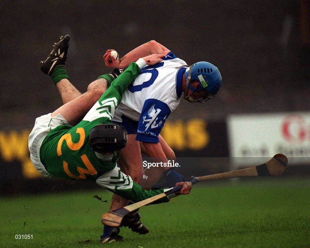 7 November 1999; Leinster player Michael Kavanagh goes over the top as he tackles Connaught's Ollie Canning during the Railway Cup Interprovincial Hurling Championship at Birr, Co Offaly. Picture credit; Ray McManus/SPORTSFILE