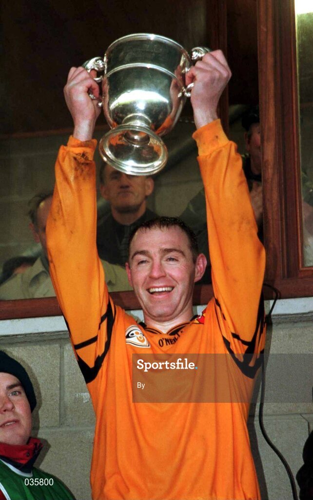 6 February 2000; Henry Downey, Ulster Captain lifts the Railway Cup after victory over Connacht, Connacht v Ulster, Interprovincial Railway Cup Football Championship Final, Markievicz Park, Sligo. Picture credit; Damien Eagers/SPORTSFILE