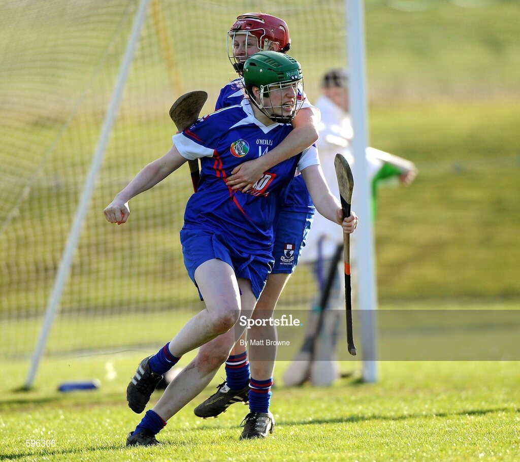 18 February 2012; Denise Gaule, 14, Waterford Institute of Technology, celebrates with team-mate Emma Comerford after she scored the third goal against  University College Dublin. 2012 Ashbourne Cup Semi-Final B, Waterford Institute of Technology v University College Dublin, Waterford IT, Waterford. Picture credit: Matt Browne / SPORTSFILE