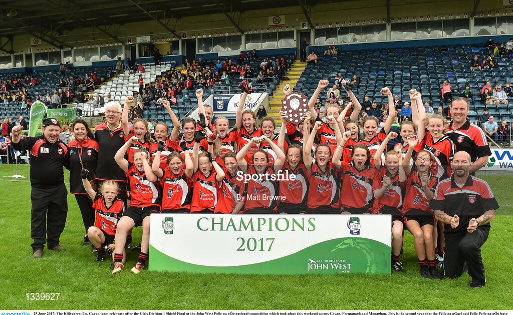 25 June 2017; The Killygarry, Co. Cavan team celebrate after the Girls Division 1 Shield Final at the John West Peile na nÓg national competition which took place this weekend across Cavan, Fermanagh and Monaghan. This is the second year that the Féile na nGael and Féile Peile na nÓg have been sponsored by John West, one of the world’s leading suppliers of fish. The competition gives up-and-coming GAA superstars the chance to participate and play in their respective Féile tournament, at a level which suits their age, skills and strengths.   Photo by Matt Browne/Sportsfile