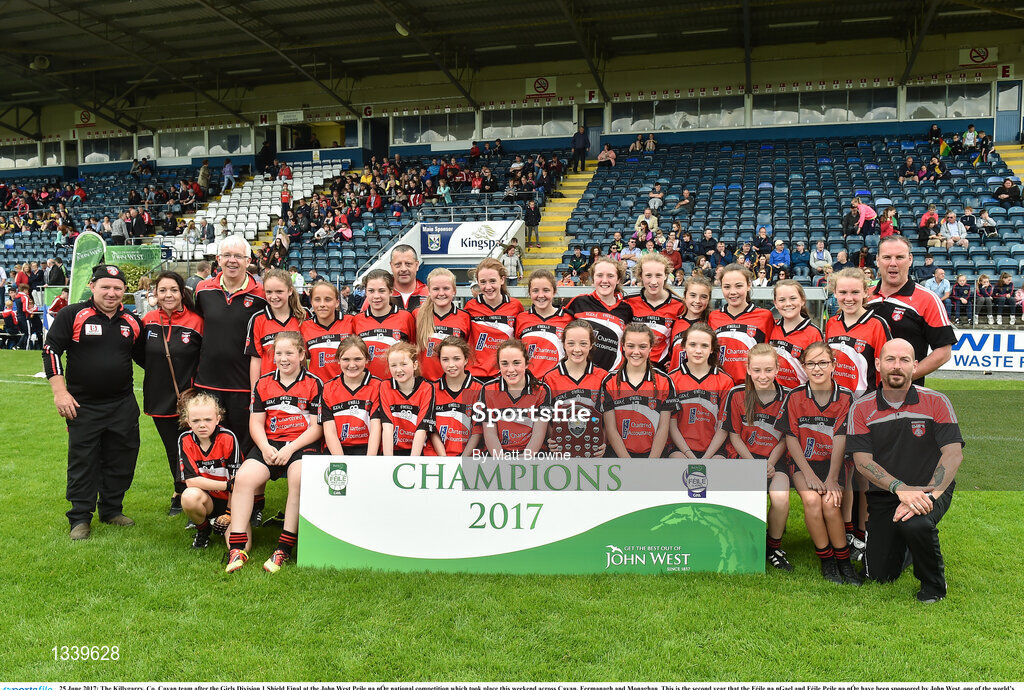 25 June 2017; The Killygarry, Co. Cavan team after the Girls Division 1 Shield Final at the John West Peile na nÓg national competition which took place this weekend across Cavan, Fermanagh and Monaghan. This is the second year that the Féile na nGael and Féile Peile na nÓg have been sponsored by John West, one of the world’s leading suppliers of fish. The competition gives up-and-coming GAA superstars the chance to participate and play in their respective Féile tournament, at a level which suits their age, skills and strengths.   Photo by Matt Browne/Sportsfile