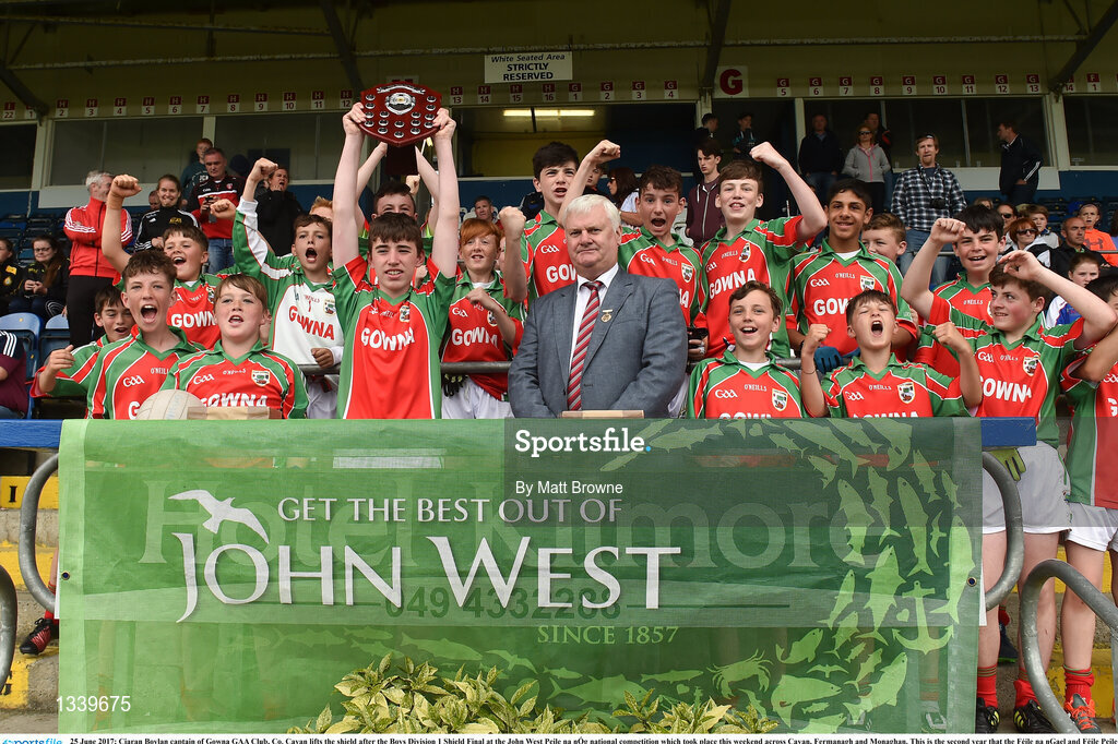 25 June 2017; Ciaran Boylan captain of Gowna GAA Club, Co. Cavan lifts the shield after the Boys Division 1 Shield Final at the John West Peile na nÓg national competition which took place this weekend across Cavan, Fermanagh and Monaghan. This is the second year that the Féile na nGael and Féile Peile na nÓg have been sponsored by John West, one of the world’s leading suppliers of fish. The competition gives up-and-coming GAA superstars the chance to participate and play in their respective Féile tournament, at a level which suits their age, skills and strengths.   Photo by Matt Browne/Sportsfile
