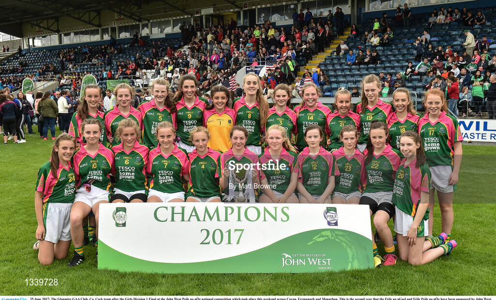 25 June 2017; The Glanmire GAA Club, Co. Cork team after the Girls Division 1 Final at the John West Peile na nÓg national competition which took place this weekend across Cavan, Fermanagh and Monaghan. This is the second year that the Féile na nGael and Féile Peile na nÓg have been sponsored by John West, one of the world’s leading suppliers of fish. The competition gives up-and-coming GAA superstars the chance to participate and play in their respective Féile tournament, at a level which suits their age, skills and strengths.   Photo by Matt Browne/Sportsfile