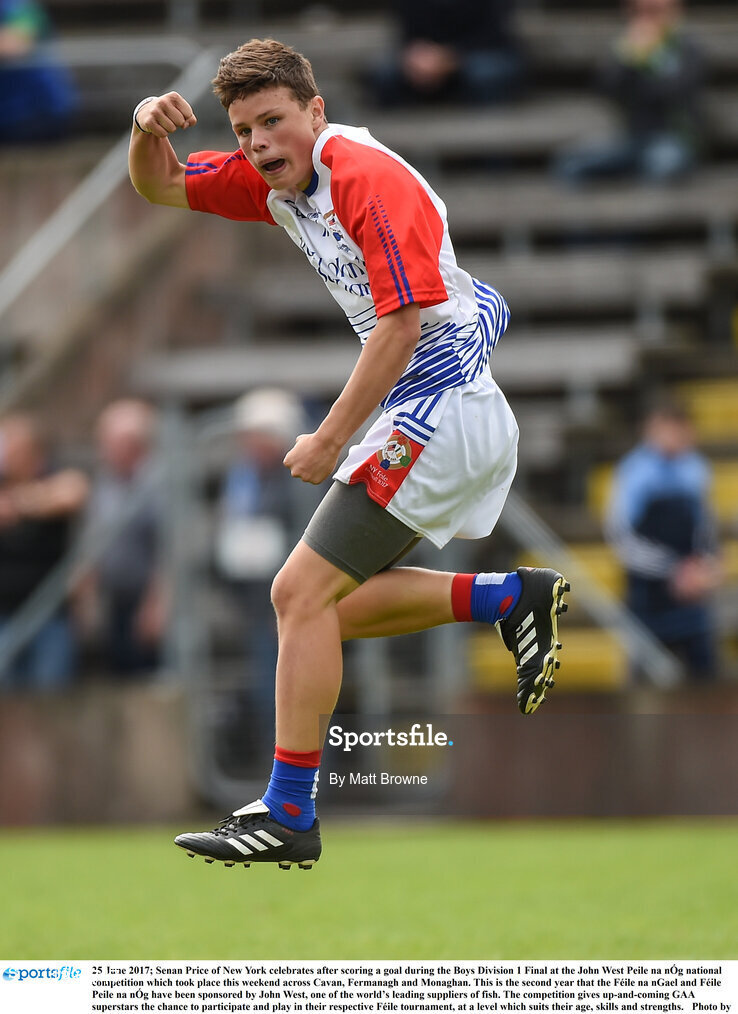 25 June 2017; Senan Price of New York celebrates after scoring a goal during the Boys Division 1 Final at the John West Peile na nÓg national competition which took place this weekend across Cavan, Fermanagh and Monaghan. This is the second year that the Féile na nGael and Féile Peile na nÓg have been sponsored by John West, one of the world’s leading suppliers of fish. The competition gives up-and-coming GAA superstars the chance to participate and play in their respective Féile tournament, at a level which suits their age, skills and strengths.   Photo by Matt Browne/Sportsfile