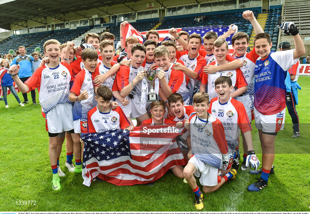 25 June 2017; New York players celebrate after winning the Boys Division 1 Final at the John West Peile na nÓg national competition which took place this weekend across Cavan, Fermanagh and Monaghan. This is the second year that the Féile na nGael and Féile Peile na nÓg have been sponsored by John West, one of the world’s leading suppliers of fish. The competition gives up-and-coming GAA superstars the chance to participate and play in their respective Féile tournament, at a level which suits their age, skills and strengths.   Photo by Matt Browne/Sportsfile