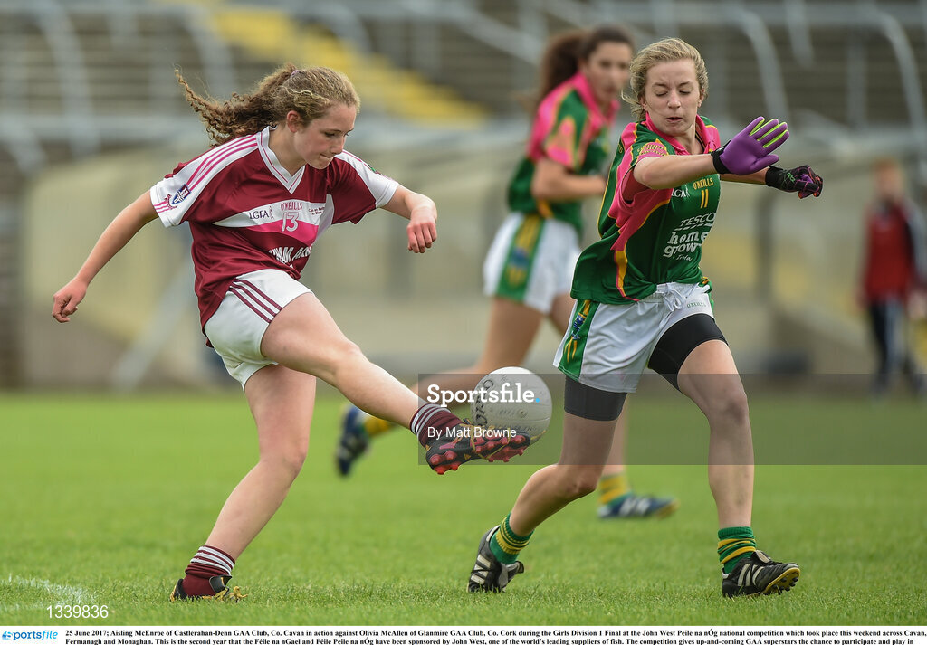 25 June 2017; Aisling McEnroe of Castlerahan-Denn GAA Club, Co. Cavan in action against Olivia McAllen of Glanmire GAA Club, Co. Cork during the Girls Division 1 Final at the John West Peile na nÓg national competition which took place this weekend across Cavan, Fermanagh and Monaghan. This is the second year that the Féile na nGael and Féile Peile na nÓg have been sponsored by John West, one of the world’s leading suppliers of fish. The competition gives up-and-coming GAA superstars the chance to participate and play in their respective Féile tournament, at a level which suits their age, skills and strengths.   Photo by Matt Browne/Sportsfile