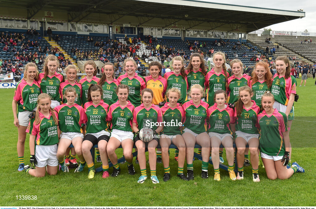 25 June 2017; The Glanmire GAA Club, Co. Cork team before the Girls Division 1 Final at the John West Peile na nÓg national competition which took place this weekend across Cavan, Fermanagh and Monaghan. This is the second year that the Féile na nGael and Féile Peile na nÓg have been sponsored by John West, one of the world’s leading suppliers of fish. The competition gives up-and-coming GAA superstars the chance to participate and play in their respective Féile tournament, at a level which suits their age, skills and strengths.   Photo by Matt Browne/Sportsfile