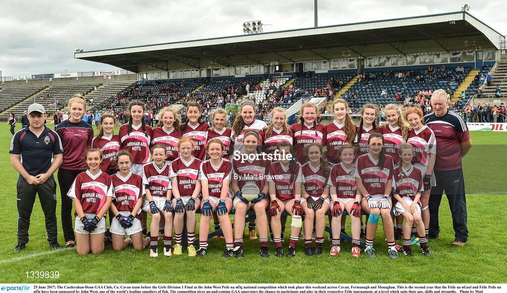 25 June 2017; The Castlerahan-Denn GAA Club, Co. Cavan team before the Girls Division 1 Final at the John West Peile na nÓg national competition which took place this weekend across Cavan, Fermanagh and Monaghan. This is the second year that the Féile na nGael and Féile Peile na nÓg have been sponsored by John West, one of the world’s leading suppliers of fish. The competition gives up-and-coming GAA superstars the chance to participate and play in their respective Féile tournament, at a level which suits their age, skills and strengths.   Photo by Matt Browne/Sportsfile