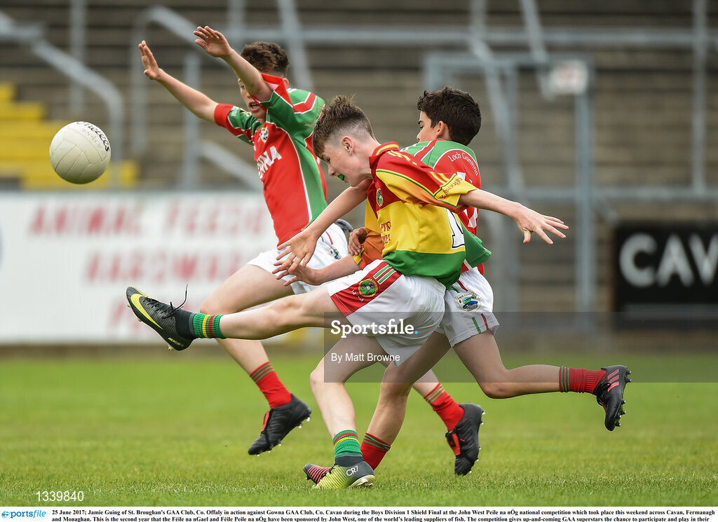 25 June 2017; Jamie Guing of St. Broughan's GAA Club, Co. Offaly in action against Gowna GAA Club, Co. Cavan during the Boys Division 1 Shield Final at the John West Peile na nÓg national competition which took place this weekend across Cavan, Fermanagh and Monaghan. This is the second year that the Féile na nGael and Féile Peile na nÓg have been sponsored by John West, one of the world’s leading suppliers of fish. The competition gives up-and-coming GAA superstars the chance to participate and play in their respective Féile tournament, at a level which suits their age, skills and strengths.   Photo by Matt Browne/Sportsfile