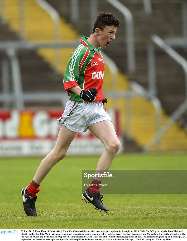 25 June 2017; Evan Kane of Gowna GAA Club, Co. Cavan celebrates after scoring a goal against St. Broughan's GAA Club, Co. Offaly during the Boys Division 1 Shield Final at the John West Peile na nÓg national competition which took place this weekend across Cavan, Fermanagh and Monaghan. This is the second year that the Féile na nGael and Féile Peile na nÓg have been sponsored by John West, one of the world’s leading suppliers of fish. The competition gives up-and-coming GAA superstars the chance to participate and play in their respective Féile tournament, at a level which suits their age, skills and strengths.   Photo by Matt Browne/Sportsfile