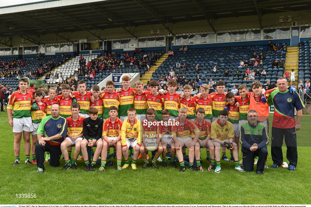 25 June 2017; The St. Broughan's GAA Club, Co. Offaly team before the Boys Division 1 Shield Final at the John West Peile na nÓg national competition which took place this weekend across Cavan, Fermanagh and Monaghan. This is the second year that the Féile na nGael and Féile Peile na nÓg have been sponsored by John West, one of the world’s leading suppliers of fish. The competition gives up-and-coming GAA superstars the chance to participate and play in their respective Féile tournament, at a level which suits their age, skills and strengths.   Photo by Matt Browne/Sportsfile