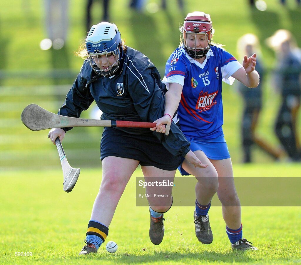 18 February 2012; Emma Staunton, University College Dublin, in action against Emma Comerford, Waterford Institute of Technology. 2012 Ashbourne Cup Semi-Final B, Waterford Institute of Technology v University College Dublin, Waterford IT, Waterford. Picture credit: Matt Browne / SPORTSFILE