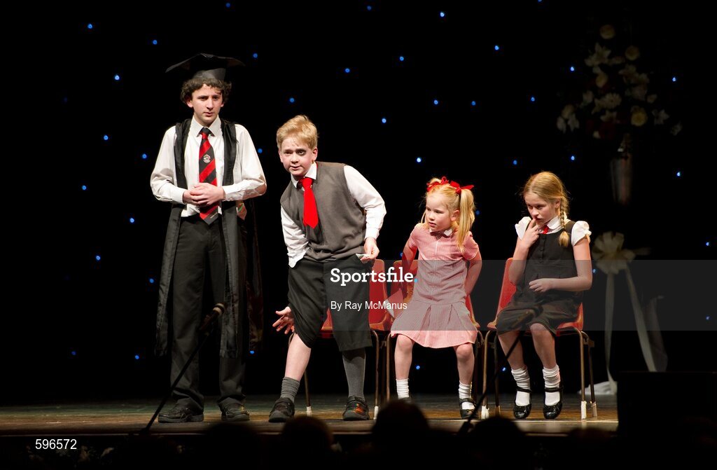 18 February 2012; Members of the Caisleán Ruairí GAA Club, Rostrevor, Co. Down, left to right, Michael McNally, Eoin Rice, Christina Rice and Eileen Rice, performing in the 'Novelty Act' competition in the All-Ireland Scór na nÓg Final 2012. Royal Theatre & Events Centre, Castlebar, Co. Mayo. Picture credit: Ray McManus / SPORTSFILE