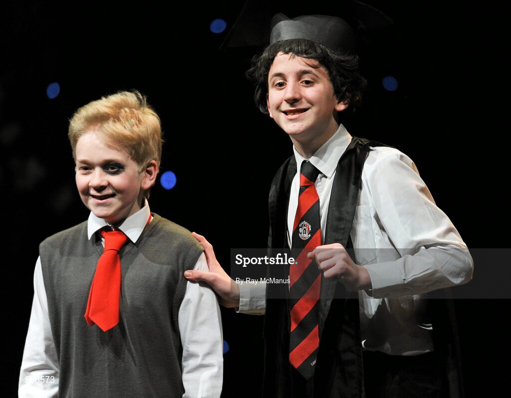 18 February 2012; Members of the Caisleán Ruairí GAA Club, Rostrevor, Co. Down, Eoin Rice, left, and Michael McNally, performing in the 'Novelty Act' competition in the All-Ireland Scór na nÓg Final 2012. Royal Theatre & Events Centre, Castlebar, Co. Mayo. Picture credit: Ray McManus / SPORTSFILE