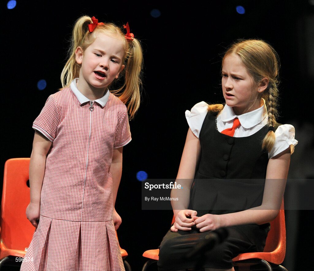18 February 2012; Members of the Caisleán Ruairí GAA Club, Rostrevor, Co. Down, Christina Rice, left, and Eileen Rice, performing in the 'Novelty Act' competition in the All-Ireland Scór na nÓg Final 2012. Royal Theatre & Events Centre, Castlebar, Co. Mayo. Picture credit: Ray McManus / SPORTSFILE