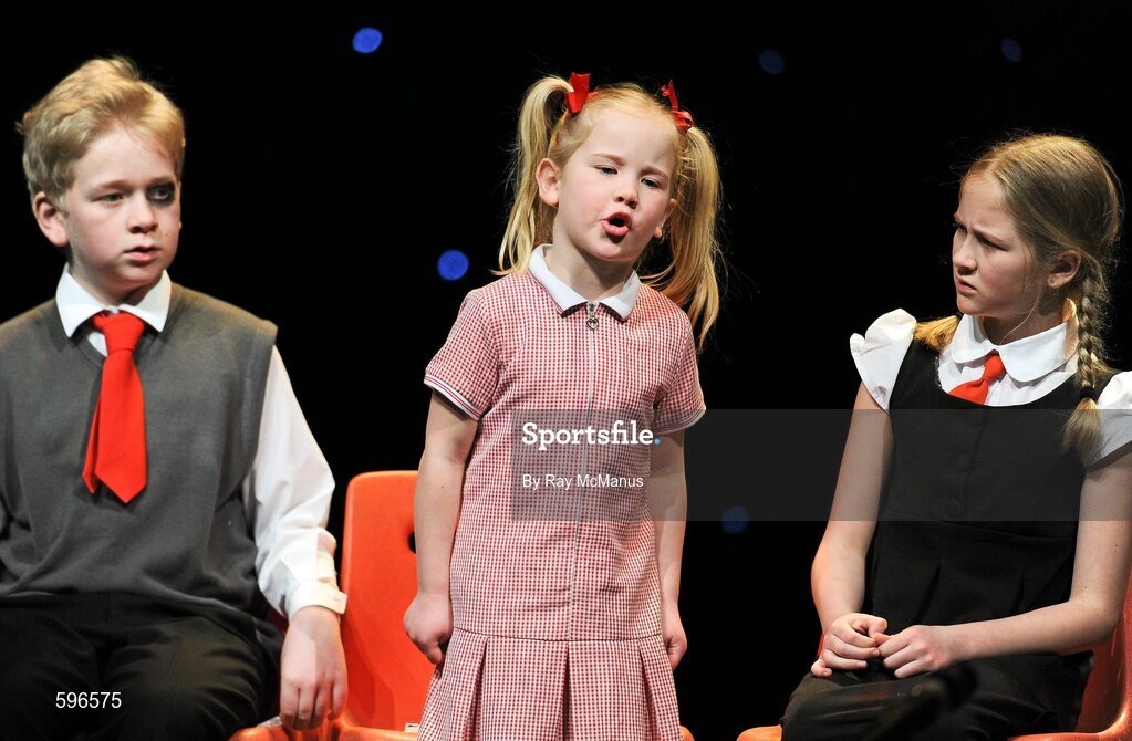 18 February 2012; Members of the Caisleán Ruairí GAA Club, Rostrevor, Co. Down, left to right, Eoin Rice, Christina Rice and Eileen Rice, performing in the 'Novelty Act' competition in the All-Ireland Scór na nÓg Final 2012. Royal Theatre & Events Centre, Castlebar, Co. Mayo. Picture credit: Ray McManus / SPORTSFILE