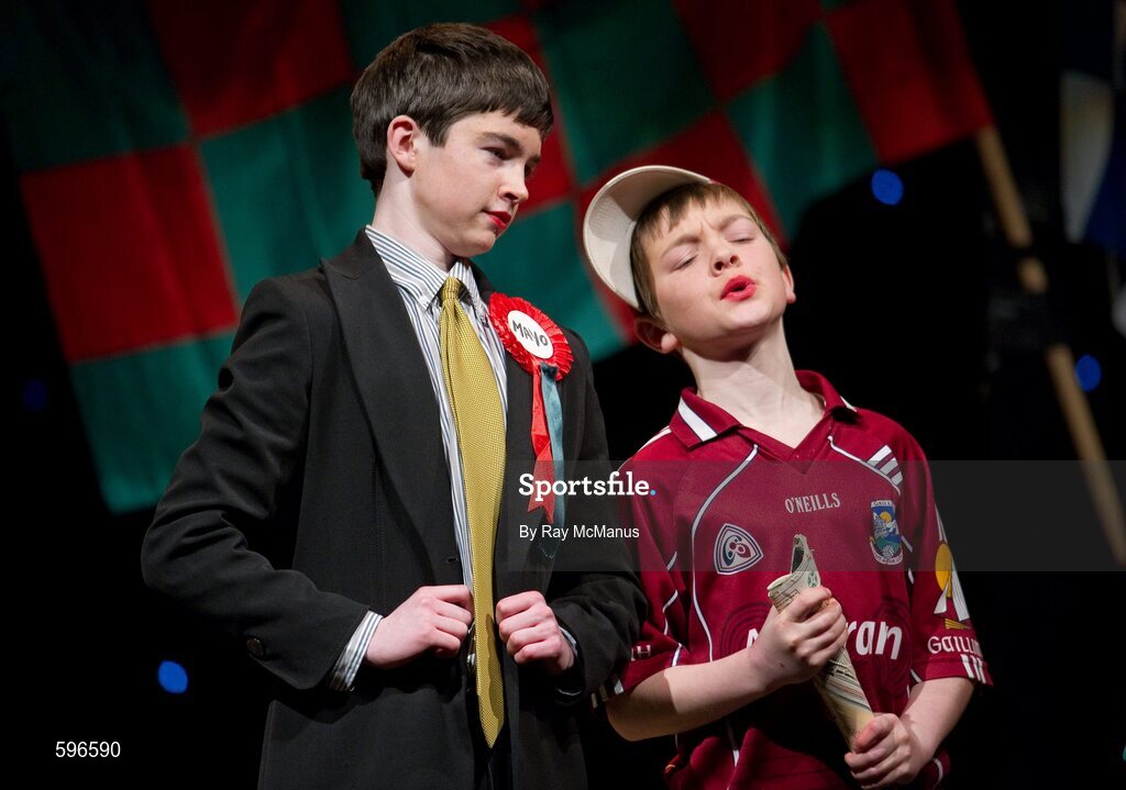 18 February 2012; Shane Mockler, aka An Taoiseach, and Patrick Mockler, members of the Caltra GAA Club, Co. Galway, performing in the 'Novelty Act' competition in the All-Ireland Scór na nÓg Final 2012. Royal Theatre & Events Centre, Castlebar, Co. Mayo. Picture credit: Ray McManus / SPORTSFILE