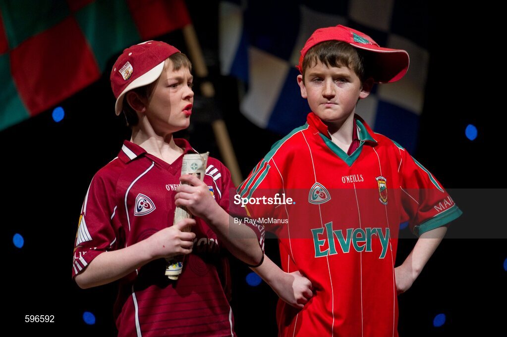 18 February 2012; Patrick Mockler, left, and Owen Naughton, members of the Caltra GAA Club, Co. Galway, performing in the 'Novelty Act' competition in the All-Ireland Scór na nÓg Final 2012. Royal Theatre & Events Centre, Castlebar, Co. Mayo. Picture credit: Ray McManus / SPORTSFILE