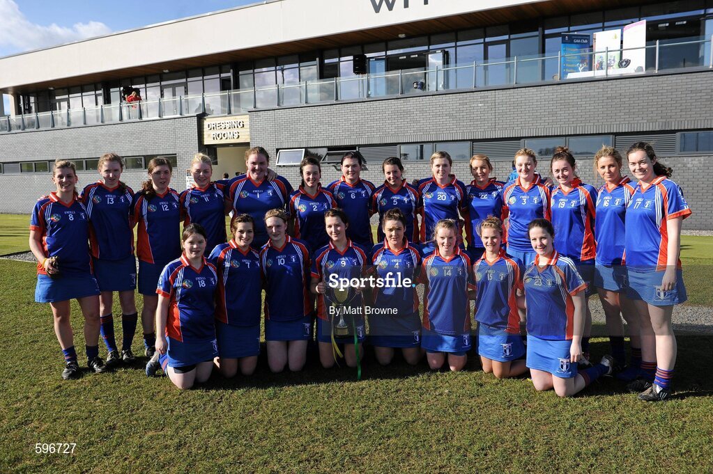 19 February 2012; Mary Immaculate Limerick captain Mairead Ryan lifts the Fr. Meachair Cup as her team-mates celebrate. 2012 Fr. Meachair Cup Final, Mary Immaculate Limerick v St. Patrick's College Drumcondra, Waterford IT, Waterford. Picture credit: Matt Browne / SPORTSFILE