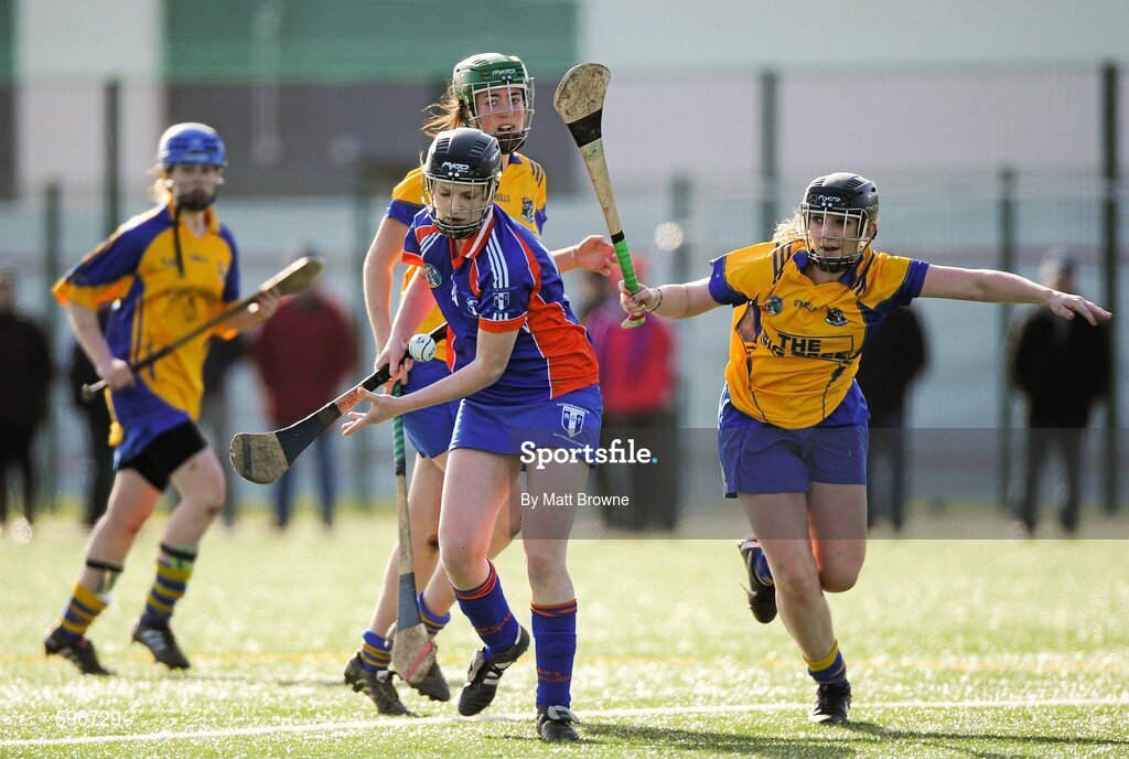 19 February 2012; Niamh Mulcahy, Mary Immaculate Limerick, in action against Roisin Doyle, St. Patrick's College Drumcondra. 2012 Fr. Meachair Cup Final, Mary Immaculate Limerick v St. Patrick's College Drumcondra, Waterford IT, Waterford. Picture credit: Matt Browne / SPORTSFILE