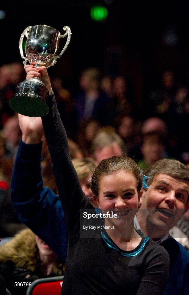 18 February 2012; Fiona Hogan, a member of the Crecora GAA Club, Co. Limerick team, with the cup after winning the 'Figure Dancing' competition during the All-Ireland Scór na nÓg Final 2012. Royal Theatre & Events Centre, Castlebar, Co. Mayo. Picture credit: Ray McManus / SPORTSFILE