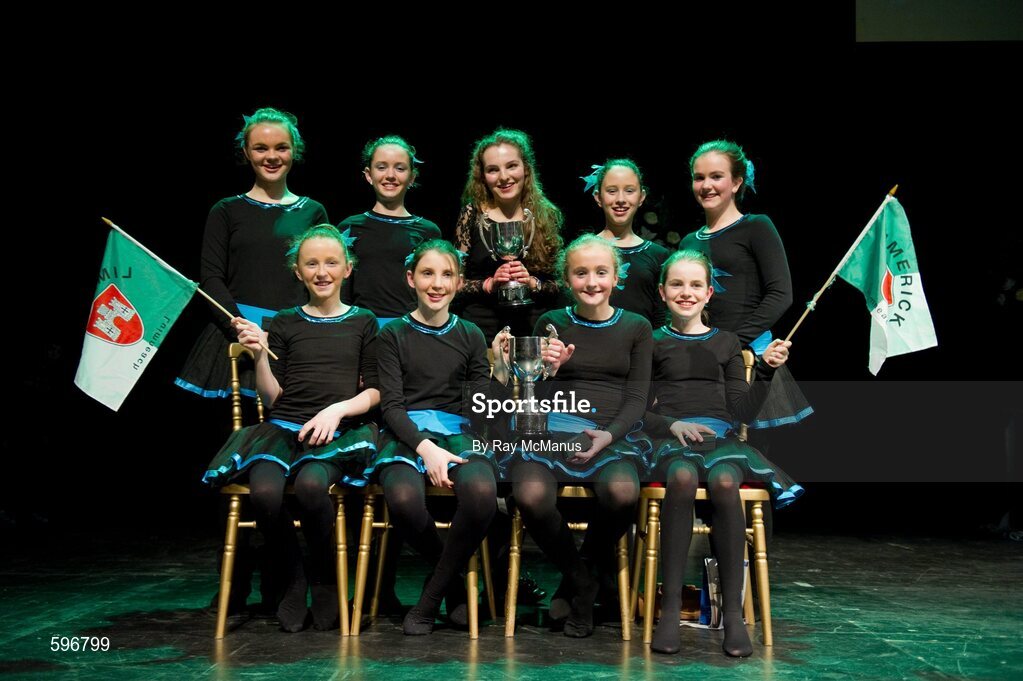 18 February 2012; The Crecora GAA Club, Co. Limerick, team, back row, left to right, Caoimhe Sheehan, Amy O'Connor, Aisling Coughlin, Fiona Hogan, and front row, left to right, Eimear Mahon, Emer Kennedy, Olive Wixsted, Orla Byrnes, with Kelly Ryan, Ahane GAA Club, who won the ‘Solo Singing’, after winning the 'Figure Dancing' competition during the All-Ireland Scór na nÓg Finals 2012. Royal Theatre & Events Centre, Castlebar, Co. Mayo. Picture credit: Ray McManus / SPORTSFILE