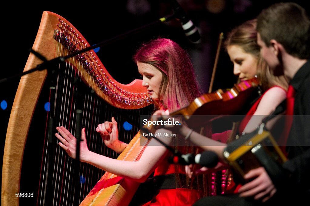 18 February 2012; Muireann Carton, Grace Dunne and Mark Garry, members of the Na Fianna GAA Club, Killeagh, Co. Offaly, who won the event, performing in the 'Instrumental Music' competition during the All-Ireland Scór na nÓg Final 2012. Royal Theatre & Events Centre, Castlebar, Co. Mayo. Picture credit: Ray McManus / SPORTSFILE