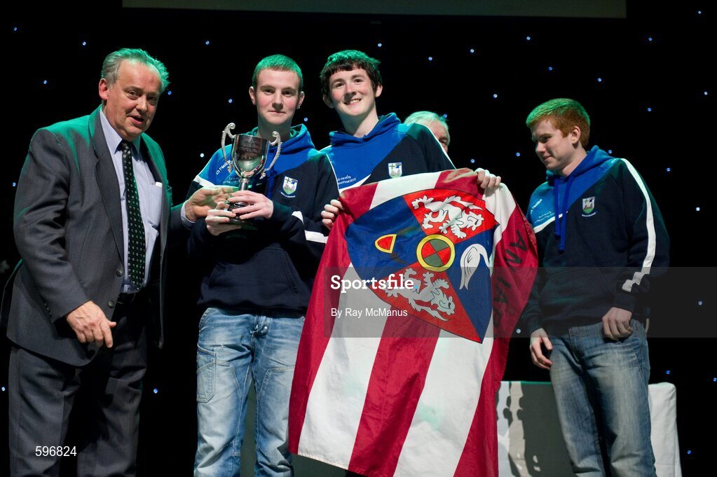 18 February 2012; The Ballycomoyle GAA Club, Co. Westmeath, team, left to right, Andrew Leahy, Killian Daly, Peter McKenna with Des Maguire, left, Cathaoirleach, Coiste Scór Naisúnta, who won the Question Time' competition during the All-Ireland Scór na nÓg Final 2012. Royal Theatre & Events Centre, Castlebar, Co. Mayo. Picture credit: Ray McManus / SPORTSFILE
