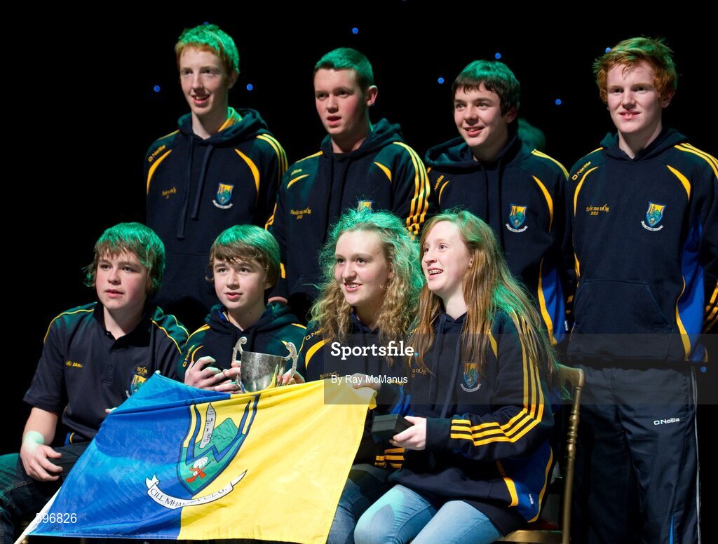 18 February 2012; The Carnew Emmetts GAA Club, Co. Wicklow, team, back row, left to right, Bob Fitzgerald, Nathan O'Connor, Paul Murphy, Conor Lambert, front row, left to right, Padraig Doran, Seamus Mulhall, Toni Doran and Anna Hennessy after winning the 'Novelty Act' competition in the All-Ireland Scór na nÓg Final 2012. Royal Theatre & Events Centre, Castlebar, Co. Mayo. Picture credit: Ray McManus / SPORTSFILE