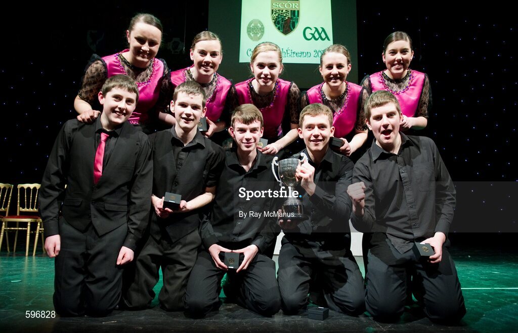 18 February 2012; The Boherbue GAA Club, Co. Cork, team, back row, left to right, Louise Fitzgerald, Amée McCarthy, Evie Casey, Amanda O’Sullivan, Hannah O'Sullivan, and front row, left to right, Timothy Murphy, Michael Daly, Eddie Kiely, Jimmy Herlihy, Daniel Murphy, after winning the 'Set Dancing' competition in the All-Ireland Scór na nÓg Final 2012. Royal Theatre & Events Centre, Castlebar, Co. Mayo. Picture credit: Ray McManus / SPORTSFILE
