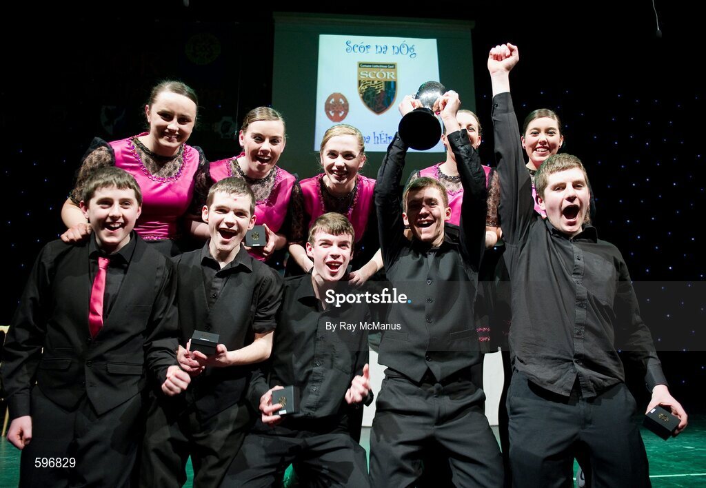 18 February 2012; The Boherbue GAA Club, Co. Cork, team, back row, left to right, Louise Fitzgerald, Amée McCarthy, Evie Casey, Amanda O’Sullivan, Hannah O'Sullivan, and front row, left to right, Timothy Murphy, Michael Daly, Eddie Kiely, Jimmy Herlihy, Daniel Murphy, after winning the 'Set Dancing' competition in the All-Ireland Scór na nÓg Final 2012. Royal Theatre & Events Centre, Castlebar, Co. Mayo. Picture credit: Ray McManus / SPORTSFILE