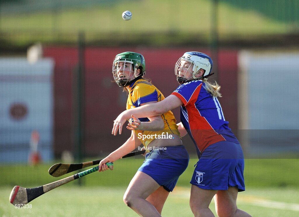 19 February 2012; Roisin Doyle, St. Patrick's College Drumcondra, in action against Rosemary Rea, Mary Immaculate Limerick. 2012 Fr. Meachair Cup Final, Mary Immaculate Limerick v St. Patrick's College Drumcondra, Waterford IT, Waterford. Picture credit: Matt Browne / SPORTSFILE