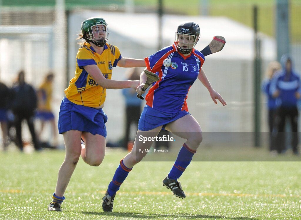 19 February 2012; Niamh Mulcahy, Mary Immaculate Limerick, in action against Roisin Doyle, St. Patrick's College Drumcondra. 2012 Fr. Meachair Cup Final, Mary Immaculate Limerick v St. Patrick's College Drumcondra, Waterford IT, Waterford. Picture credit: Matt Browne / SPORTSFILE
