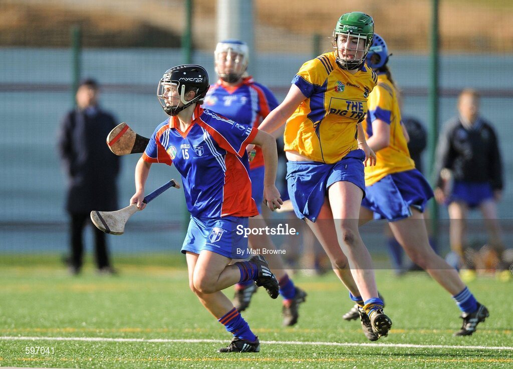 19 February 2012; Katie O'Mahony, Mary Immaculate Limerick, in action against Roisin Doyle, St. Patrick's College Drumcondra. 2012 Fr. Meachair Cup Final, Mary Immaculate Limerick v St. Patrick's College Drumcondra, Waterford IT, Waterford. Picture credit: Matt Browne / SPORTSFILE