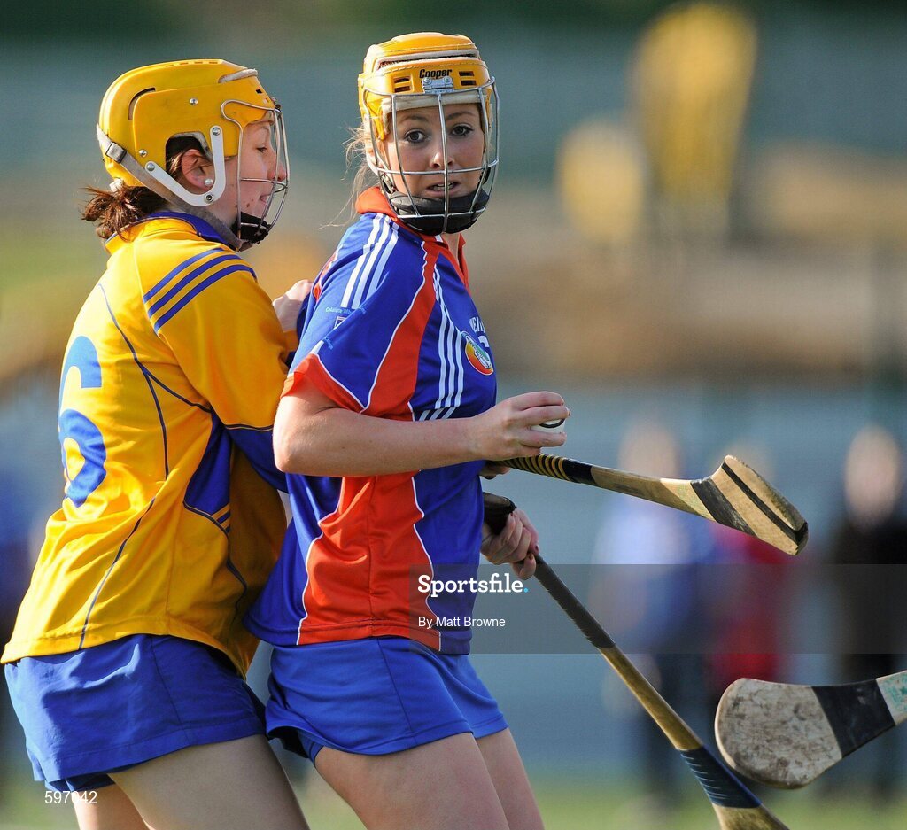 19 February 2012; Alice Fogarty, Mary Immaculate Limerick, in action against Aine Manning, St. Patrick's College Drumcondra. 2012 Fr. Meachair Cup Final, Mary Immaculate Limerick v St. Patrick's College Drumcondra, Waterford IT, Waterford. Picture credit: Matt Browne / SPORTSFILE
