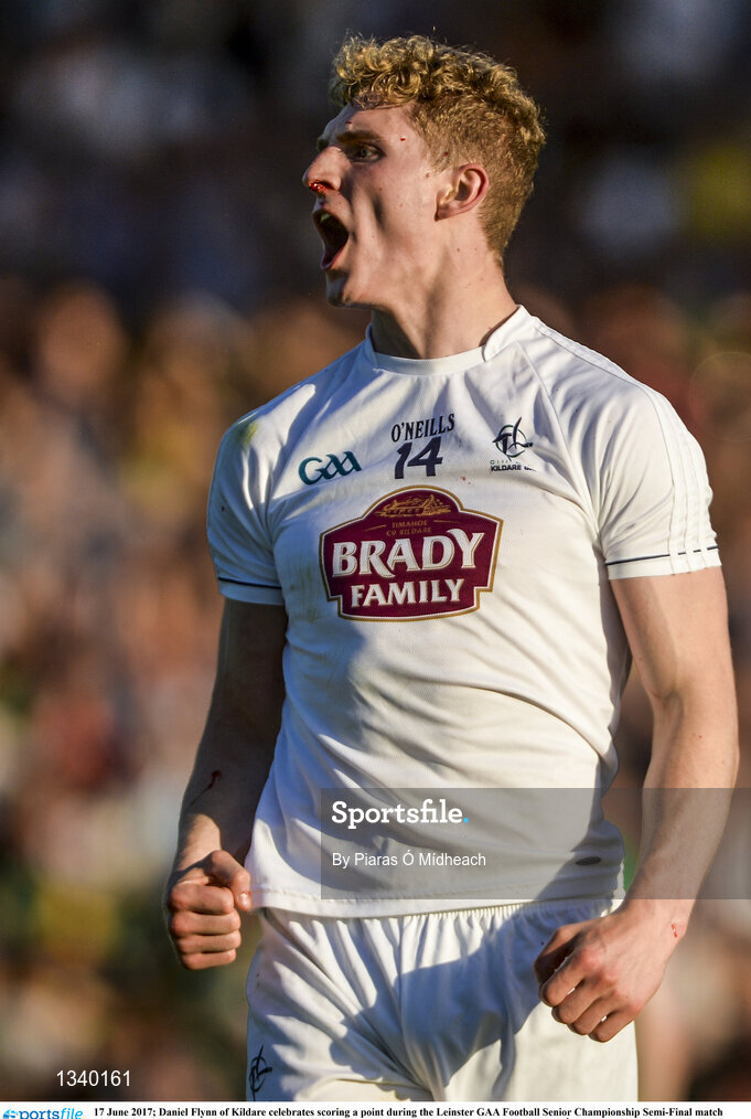 17 June 2017; Daniel Flynn of Kildare celebrates scoring a point during the Leinster GAA Football Senior Championship Semi-Final match between Meath and Kildare at Bord na Móna O'Connor Park in Tullamore, Co Offaly. Photo by Piaras Ó Mídheach/Sportsfile