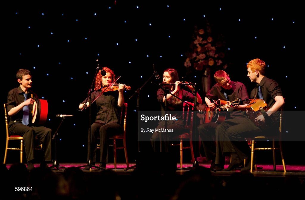 18 February 2012; Ciarán Ó Conaill, Cassandra Ní Chreimín, Myra Ní Chonaill, Jason Ó Foghlú and Caoimhin Ó Néill, members of the Ballydonoghue GAA Club, Co. Kerry, performing in the 'Instrumental Music' competition during the All-Ireland Scór na nÓg Final 2012. Royal Theatre & Events Centre, Castlebar, Co. Mayo. Picture credit: Ray McManus / SPORTSFILE