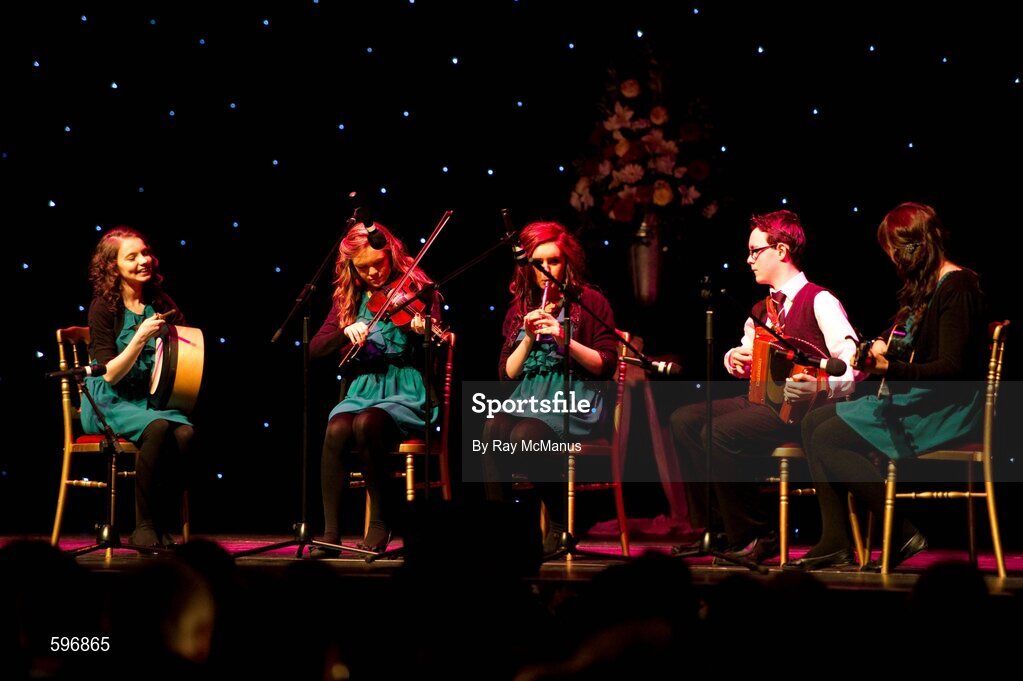 18 February 2012; Alan Flynn, Carol Hughes, Eadáion McClean, Michael McClean and Emma Hughes, members of the Mullaghbawn GAA Club, Co. Armagh, performing in the 'Instrumental Music' competition during the All-Ireland Scór na nÓg Final 2012. Royal Theatre & Events Centre, Castlebar, Co. Mayo. Picture credit: Ray McManus / SPORTSFILE