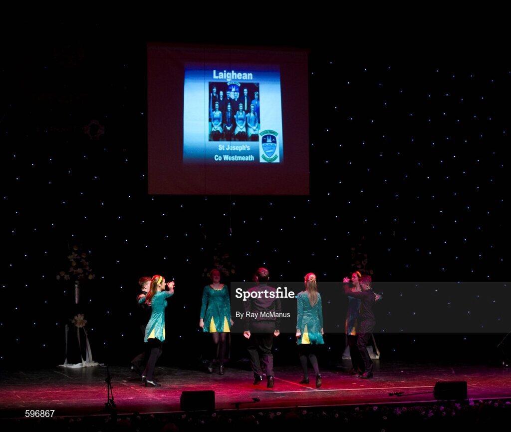 18 February 2012; St Joseph's GAA Club, Co. Westmeath, performing in the 'Set Dancing' competition in the All-Ireland Scór na nÓg Final 2012. Royal Theatre & Events Centre, Castlebar, Co. Mayo. Picture credit: Ray McManus / SPORTSFILE