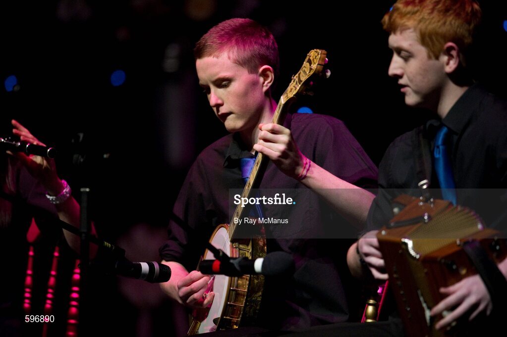 18 February 2012; Jason Ó Foghlú and Caoimhin Ó Néill, members of the Ballydonoghue GAA Club, Co. Kerry, performing in the 'Instrumental Music' competition during the All-Ireland Scór na nÓg Final 2012. Royal Theatre & Events Centre, Castlebar, Co. Mayo. Picture credit: Ray McManus / SPORTSFILE