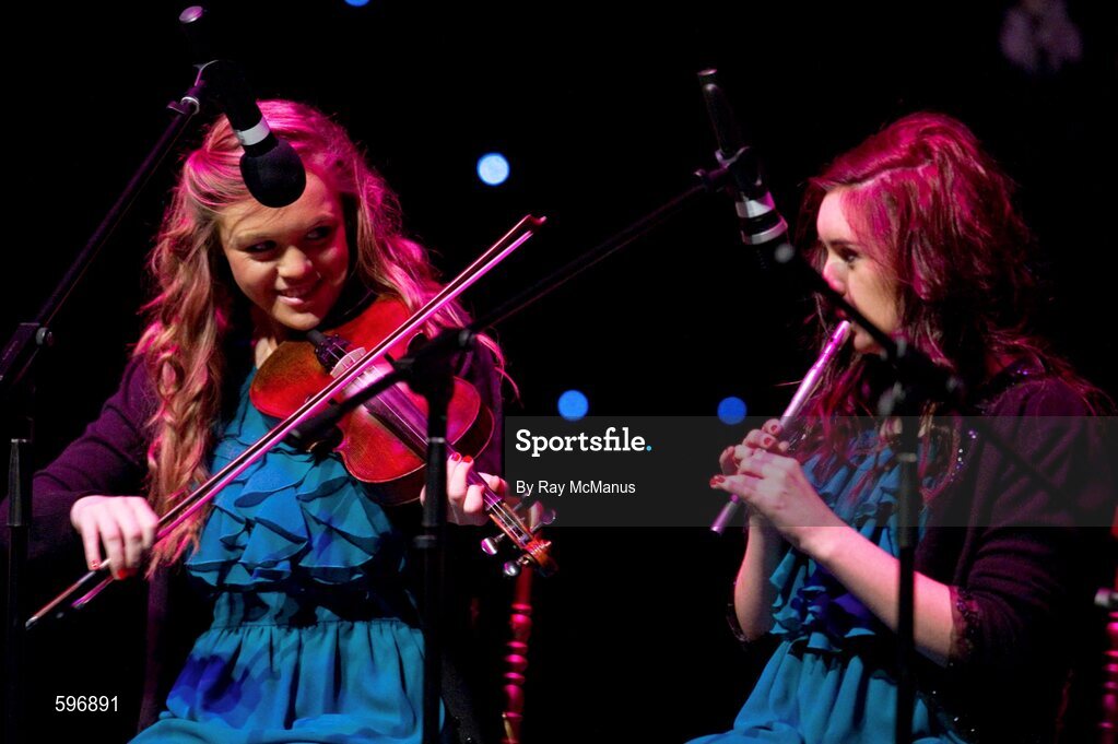 18 February 2012; Carol Hughes and Eadáion McClean, members of the Mullaghbawn GAA Club, Co Armagh, performing in the 'Instrumental Music' competition during the All-Ireland Scór na nÓg Final 2012. Royal Theatre & Events Centre, Castlebar, Co. Mayo. Picture credit: Ray McManus / SPORTSFILE