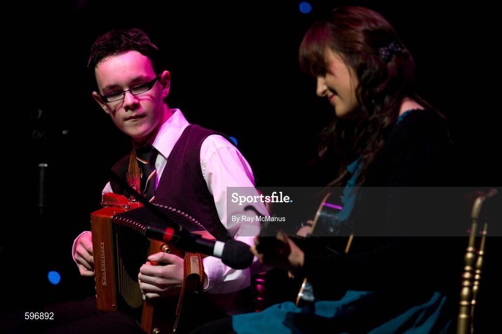 18 February 2012; Michael McClean and Emma Hughes, members of the Mullaghbawn GAA Club, Co. Armagh, performing in the 'Instrumental Music' competition during the All-Ireland Scór na nÓg Final 2012. Royal Theatre & Events Centre, Castlebar, Co. Mayo. Picture credit: Ray McManus / SPORTSFILE