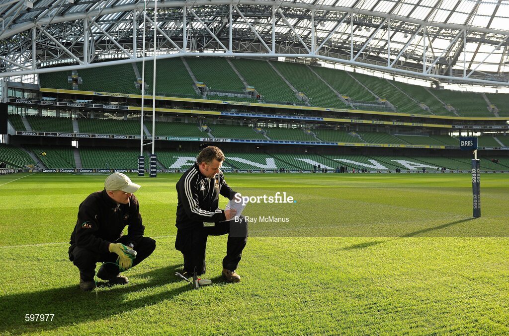 25 February 2012; Staff from Advanced Landscape Services inspect the pitch before the game. RBS Six Nations Rugby Championship, Ireland v Italy, Aviva Stadium, Lansdowne Road, Dublin. Picture credit: Ray McManus / SPORTSFILE