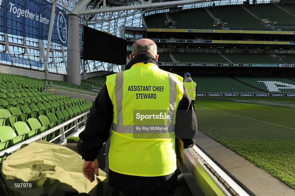 25 February 2012; An assistant Chief Steward makes his way to his post. RBS Six Nations Rugby Championship, Ireland v Italy, Aviva Stadium, Lansdowne Road, Dublin. Picture credit: Ray McManus / SPORTSFILE