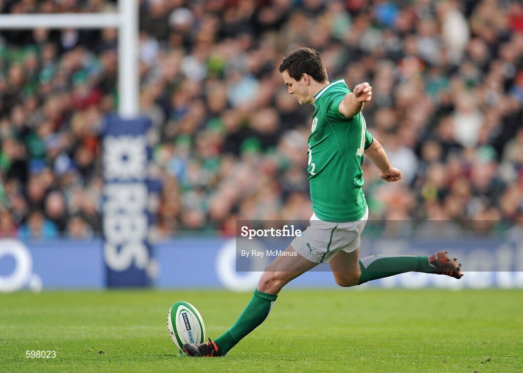 25 February 2012; Jonathan Sexton, Ireland, kicks a penalty in the 10th minute to level the score 3-3. RBS Six Nations Rugby Championship, Ireland v Italy, Aviva Stadium, Lansdowne Road, Dublin. Picture credit: Ray McManus / SPORTSFILE