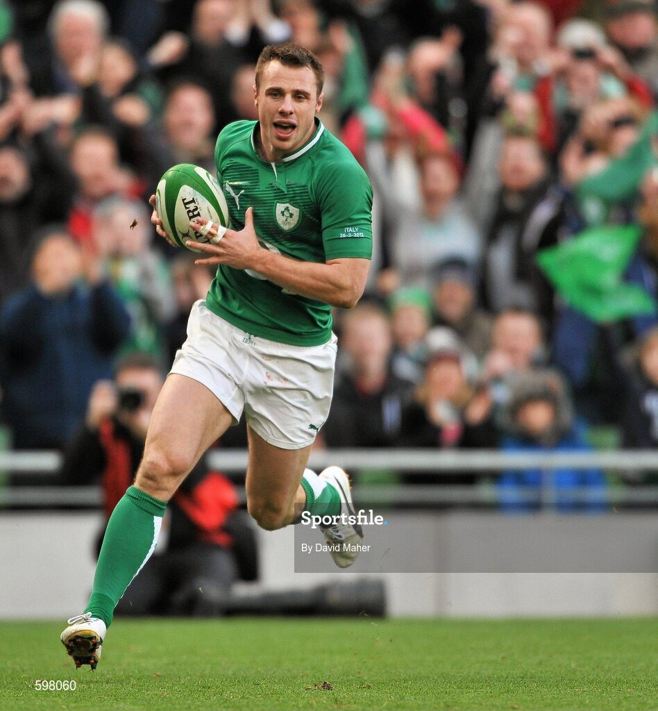25 February 2012; Tommy Bowe, Ireland, goes over to score his side's third try in the 60th minute. RBS Six Nations Rugby Championship, Ireland v Italy, Aviva Stadium, Lansdowne Road, Dublin. Picture credit: David Maher / SPORTSFILE